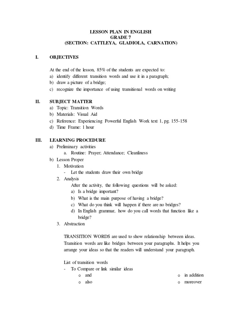 Grade 7 Lesson Plan: Transition Words | PDF | Lesson Plan | Behavior ...