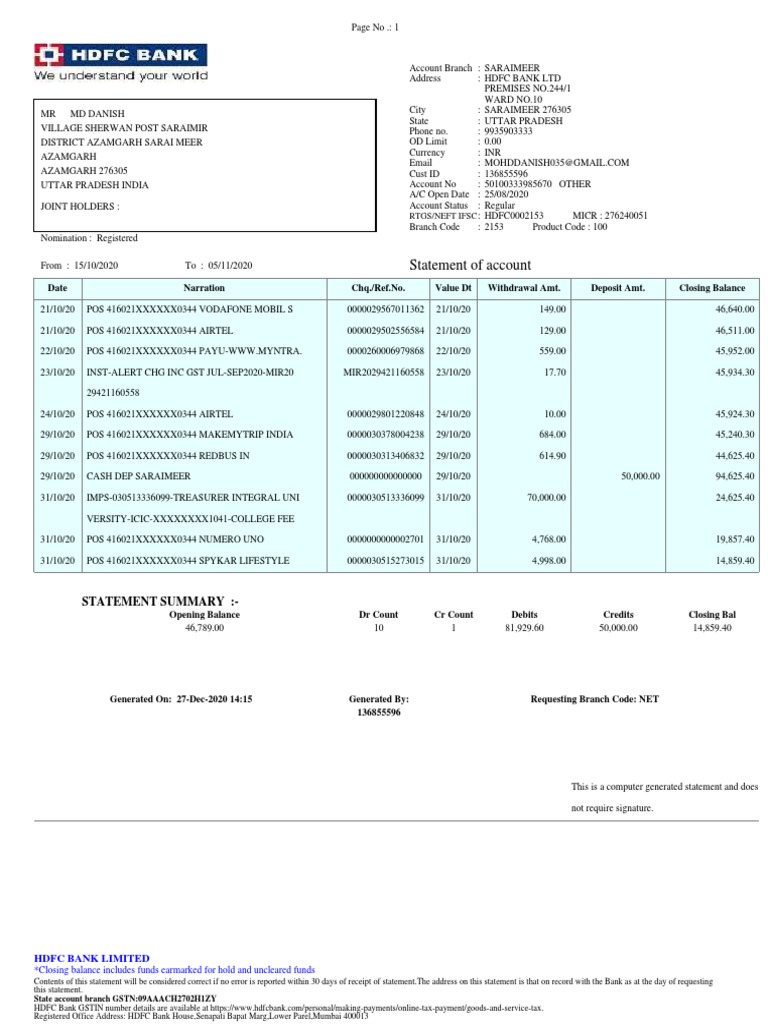 Statement of Account Date Narration Chq./Ref No. Value DT Withdrawal