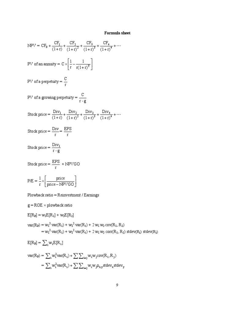 Finance Formula Cheat Sheet | PDF