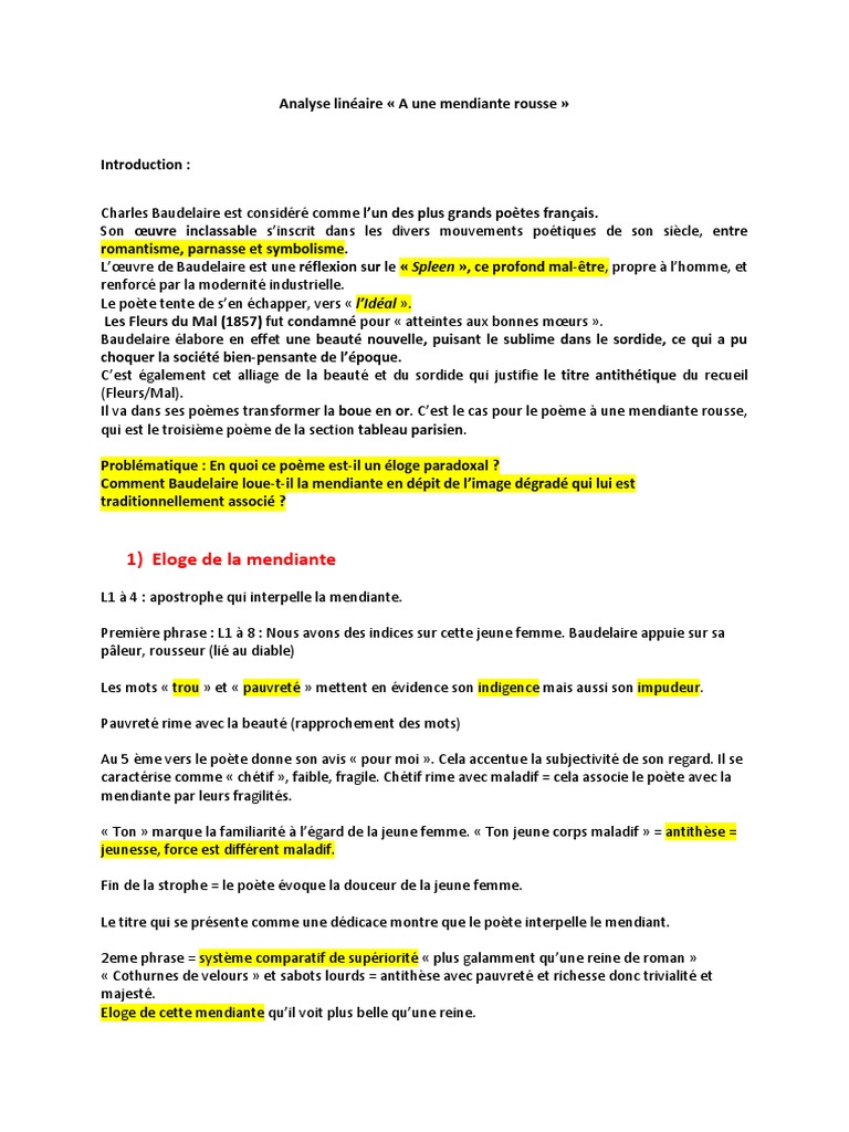 A Une Mendiante Rousse Baudelaire Analyse Lineaire