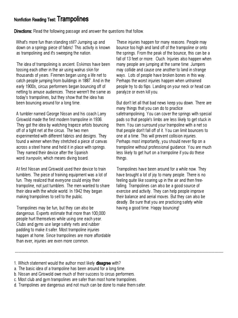 Nonfiction Reading Test: Trampolines | PDF