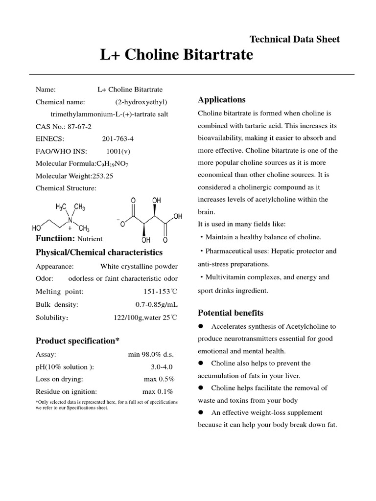L+ Choline Bitartrate Applications PDF Chemical Substances Dose