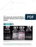 Duas doses de vacinas de Pfizer e AstraZeneca garantem eficácia contra variante Delta, diz estudo 