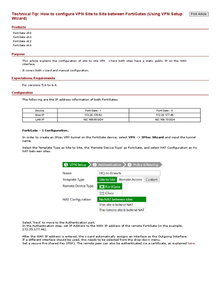 FortiGate Site-to-Site VPN Setup Guide | PDF | Ip Address | Virtual ...
