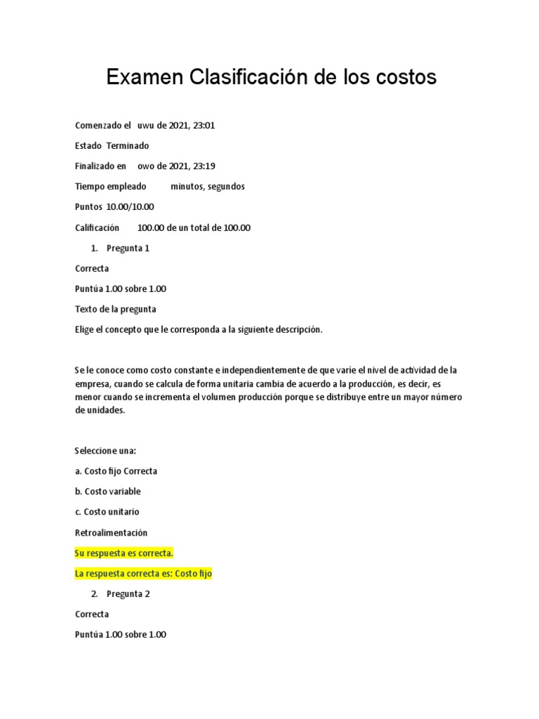 Examen sobre Clasificación de Costos | PDF | Economias | Business