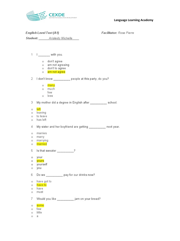 English Level Test A2 (43 Questions) | PDF