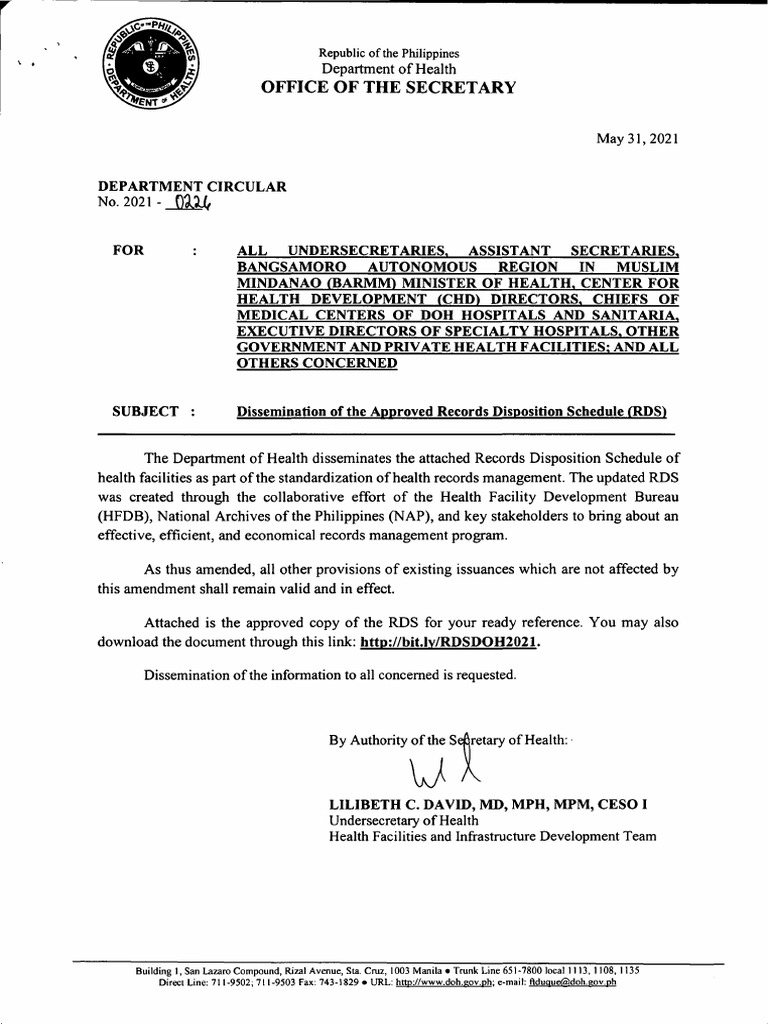 DOH Medical Records Disposition 2021 | PDF | Surgery | Medical Laboratory