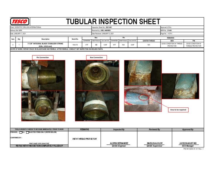 Tubular Inspection Sheet - 2021-001 Part 4 | PDF | Industrial Processes ...