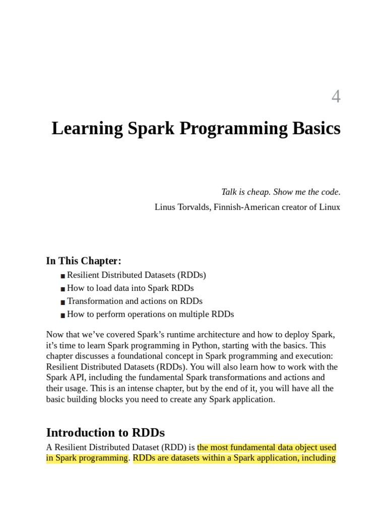 Learning Spark Programming Basics: Introduction To Rdds | PDF | Apache Spark  | Databases