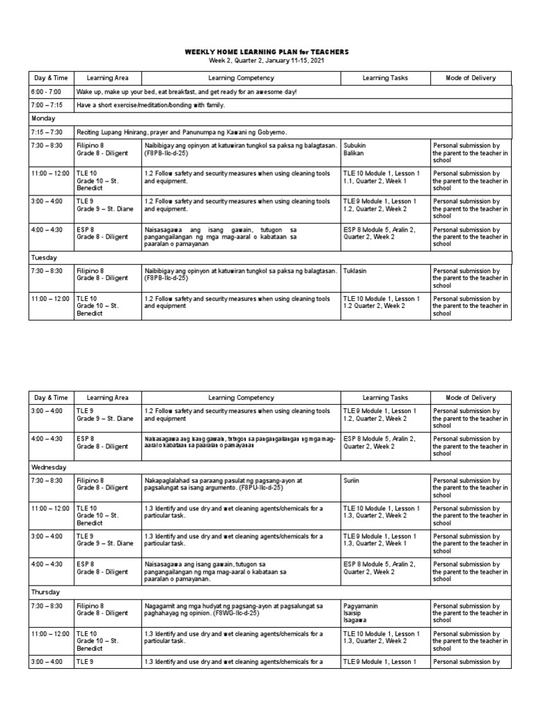 Weekly Home Learning Plan for Teachers | PDF | Applied Psychology ...