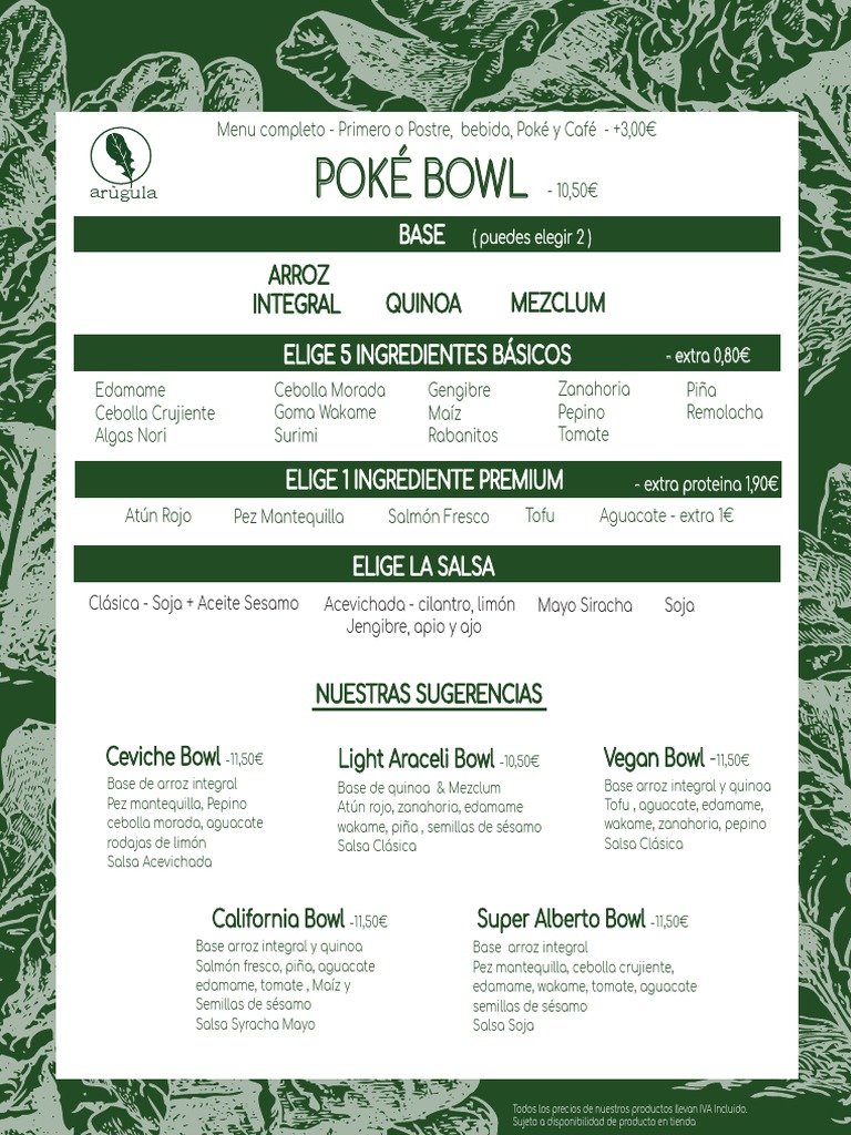 Menú de Poké Bowl y Precios | PDF | Alimentos | Ingredientes de comida