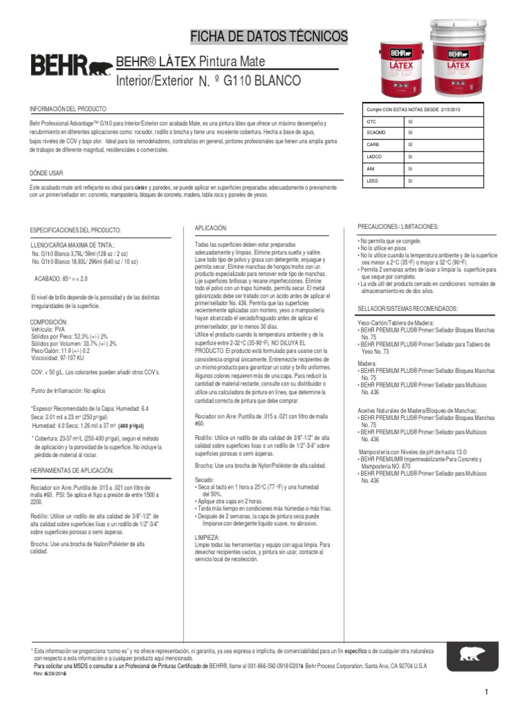 Ficha Técnica Látex Behr PDF Pintar Agua