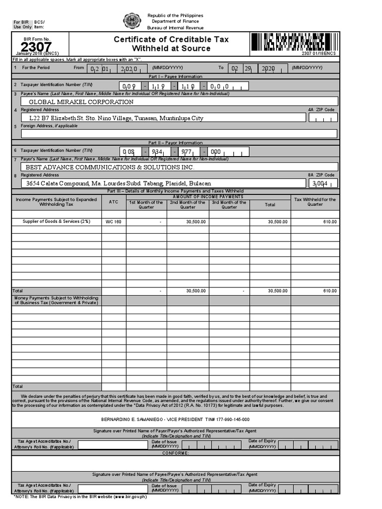 BIR Form 2307: Tax Withholding Certificate | PDF | Value Added Tax ...