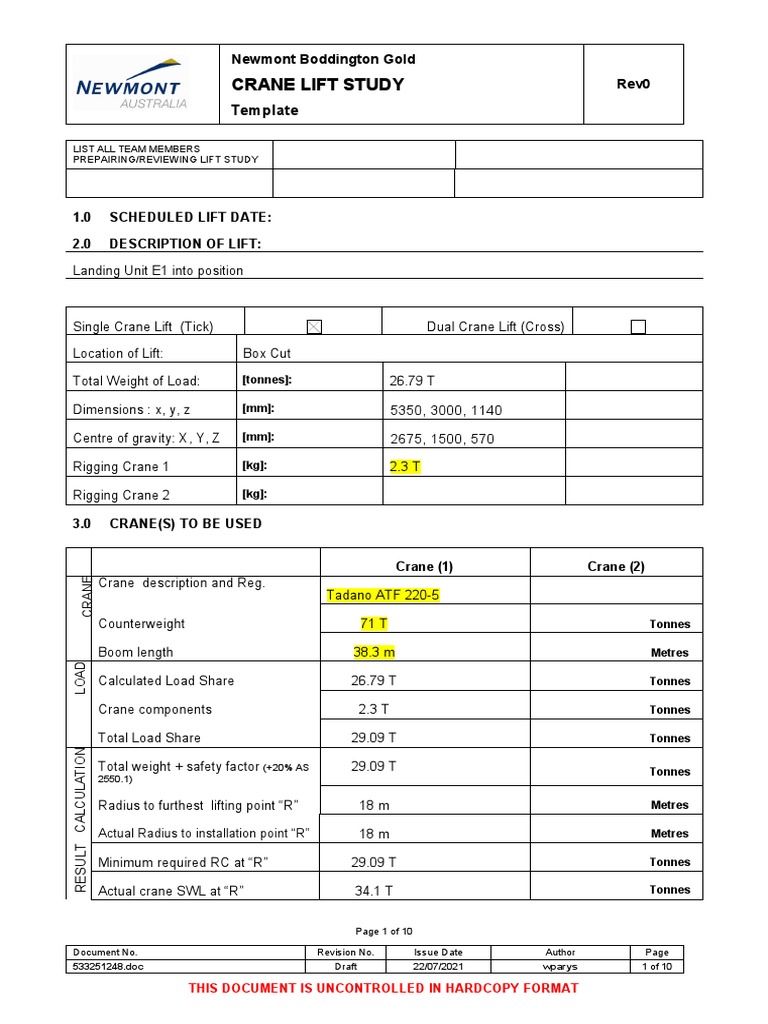 Crane Lift Study Template PDF Crane (Machine)