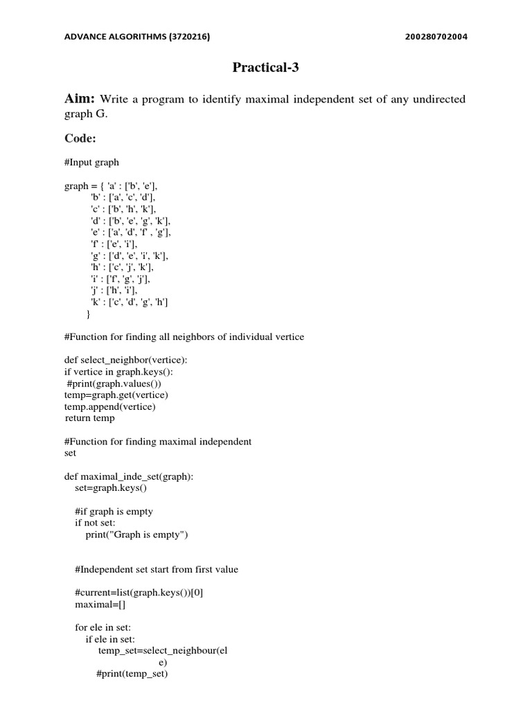 Practical-3 Aim:: Write A Program To Identify Maximal Independent Set ...