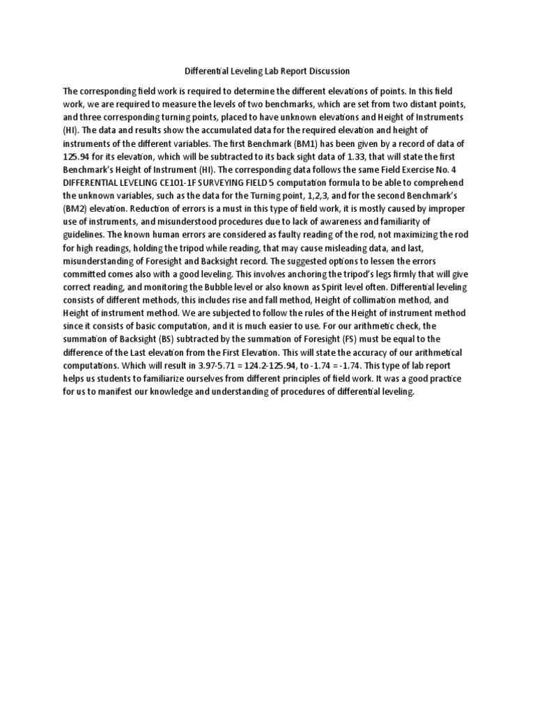 Differential Leveling Lab Report Discussion PDF Data Teaching