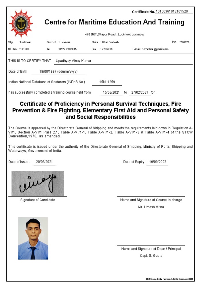 Certificate of Proficiency in Survival Techniques | PDF