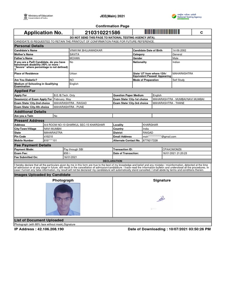 JEE Main 2021 Confirmation Page Details | PDF | Business | Computing ...