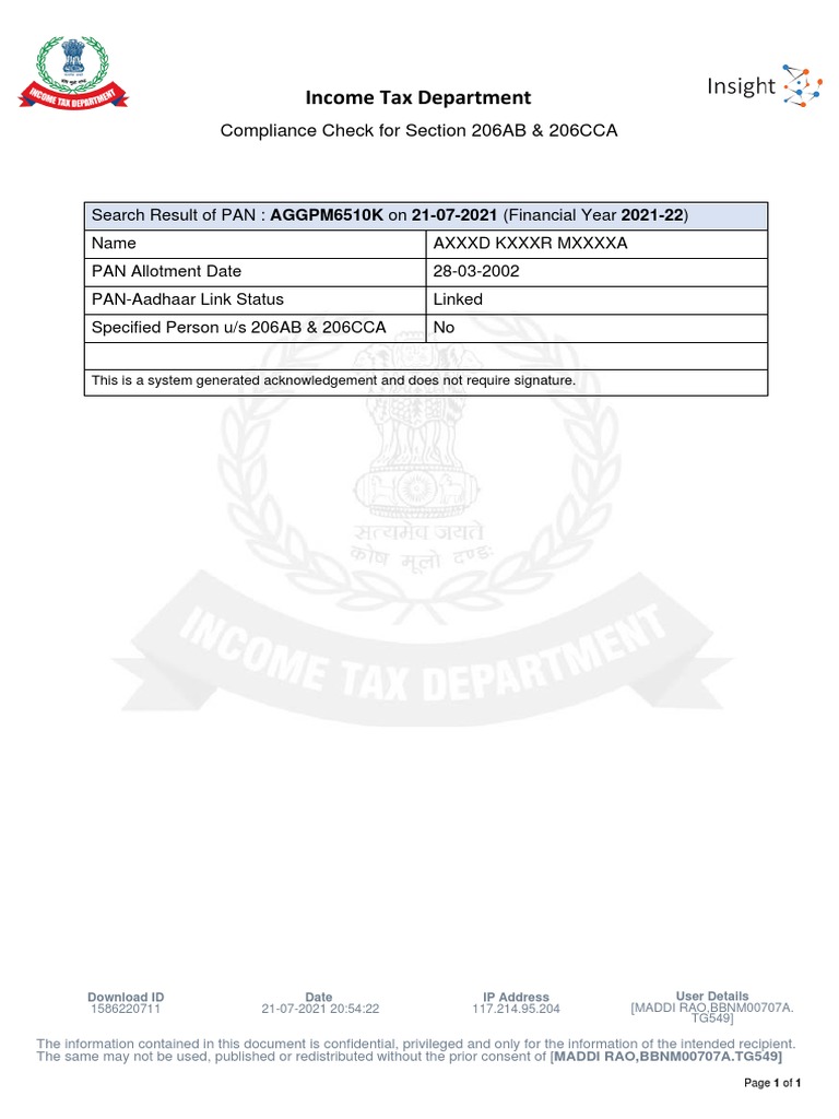 Income Tax Department Compliance Check For Section 206AB 206CCA PDF