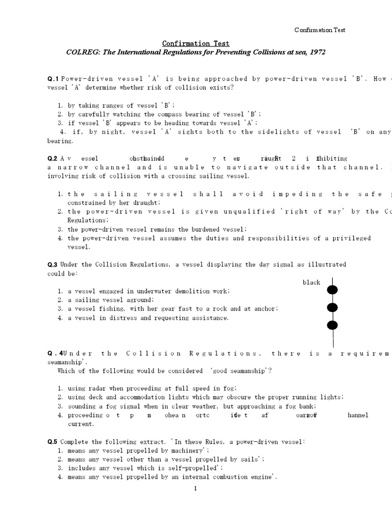 COLREGs Confirmation Test Questions | PDF | Port And Starboard | Traffic