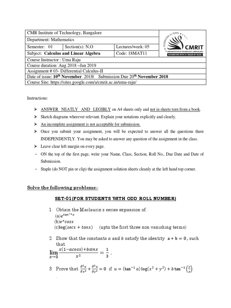 Differential Calculus Assignment Guide | PDF | Calculus | Teaching ...