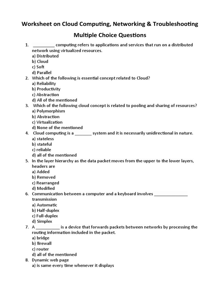 Worksheet On Cloud Computing, Networking & Troubleshooting | PDF ...