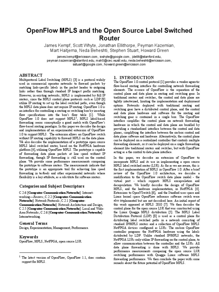 OpenFlow MPLS: An Open Source LSR | PDF | Multiprotocol Label Switching ...