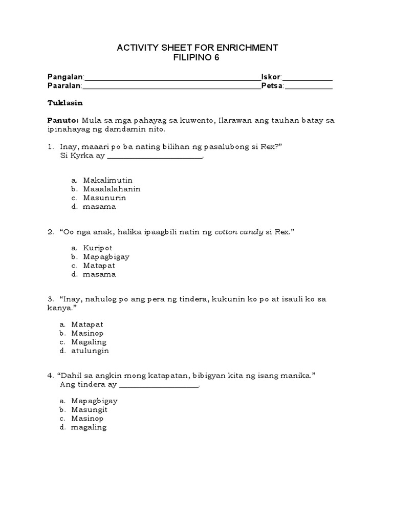 Activity Sheet For Enrichment | PDF
