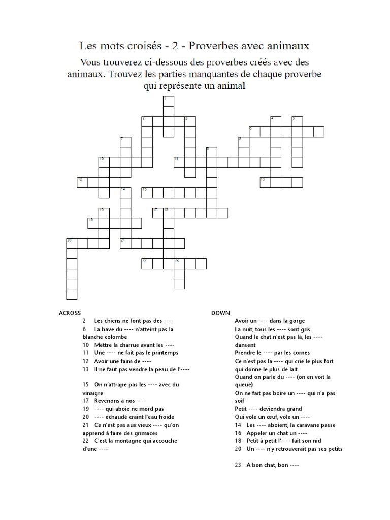 Les Mots Croises 2 Proverbes Avec Animaux Pdf
