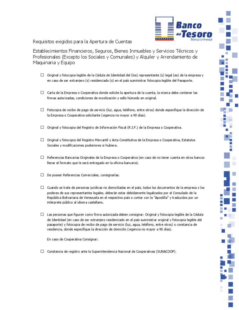BANCO DEL TESORO - REQUISITOS APERTURA DE CUENTA