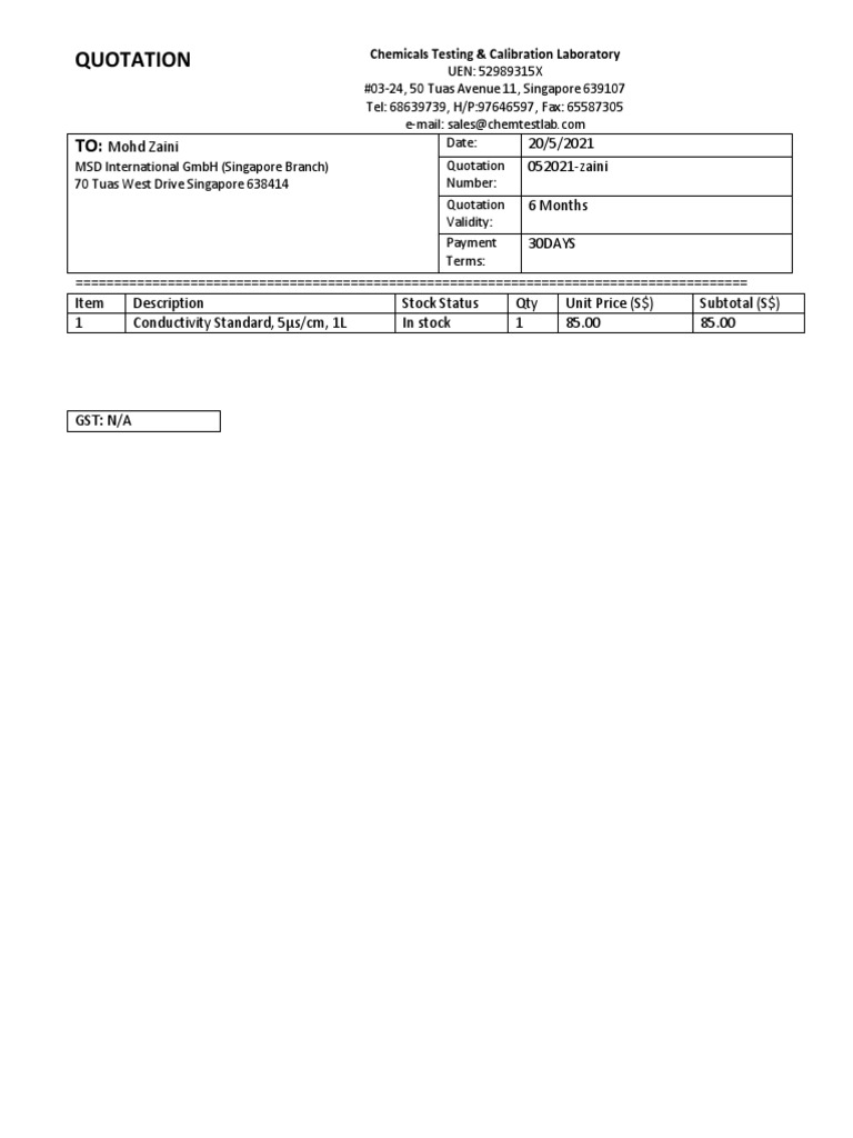 Calibration Quotation for Chemicals | PDF