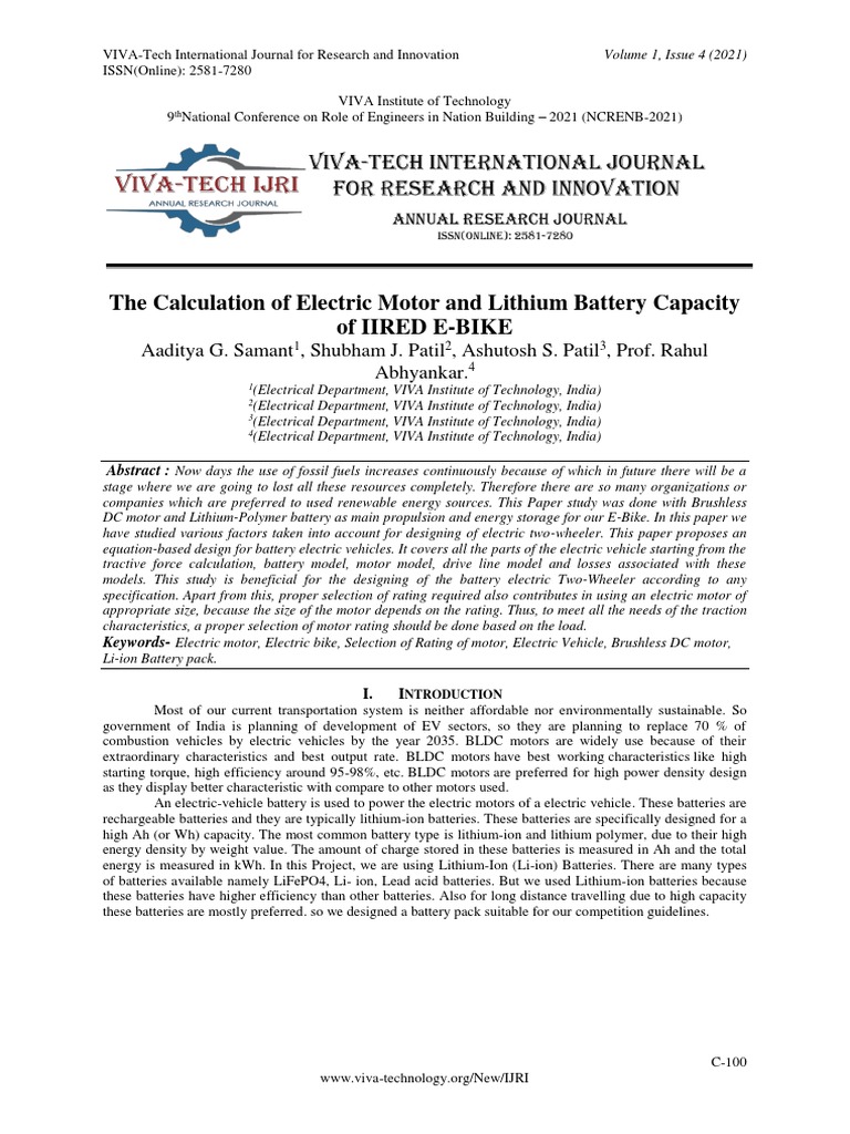 The Calculation of Electric Motor and Lithium Battery Capacity of IIRED