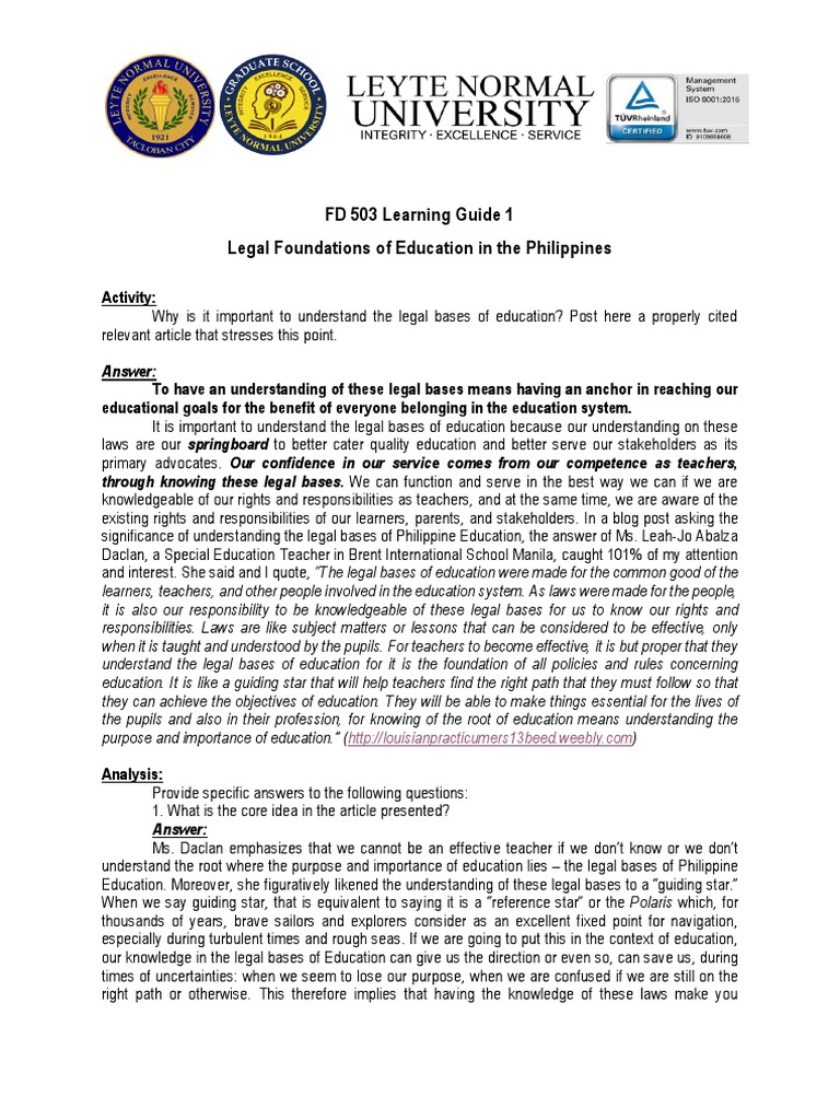 Legal Foundations of Education in the Philippines | PDF | Teachers ...