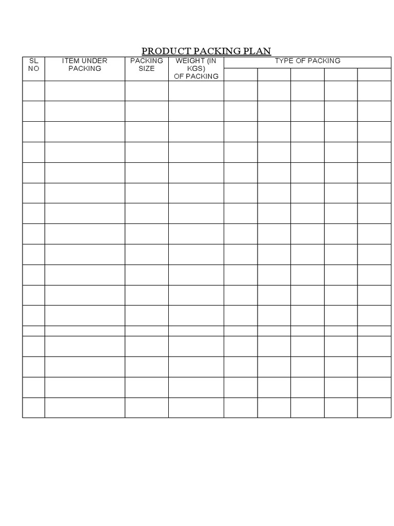 Product Packing Plan: SL NO Item Under Packing Packing Size Weight (In ...
