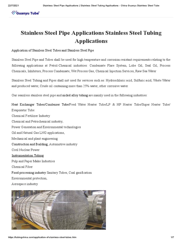 Stainless Steel Pipe Applications Stainless Steel Tubing Applications PDF Stainless Steel