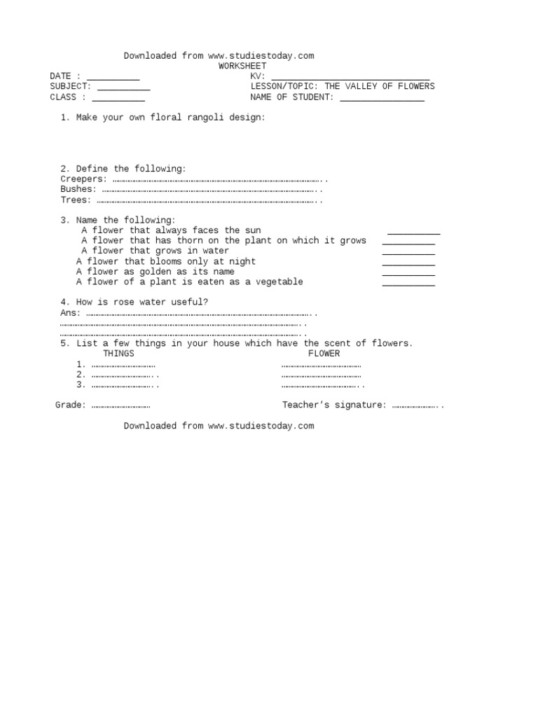 CBSE Class 4 EVS Revision Worksheet The Valley of Flowers PDF Flowers Organisms