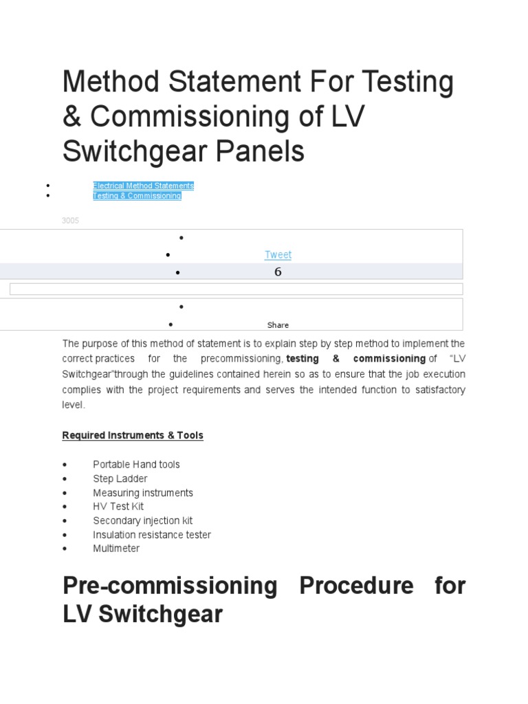 Method Statement For Testing & Commissioning of LV Switchgear Panels ...