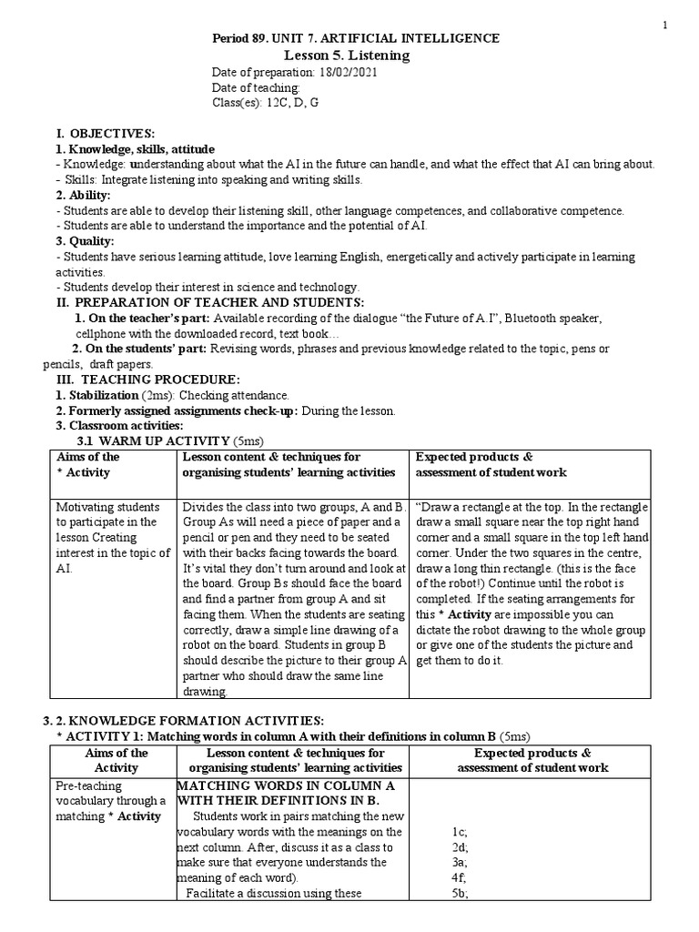 AI Listening Lesson Plan for Students | PDF | Robot | Robotics