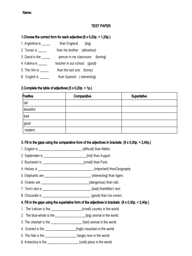 Test Paper 6th Grade Adjectives Degrees of Comparison | PDF