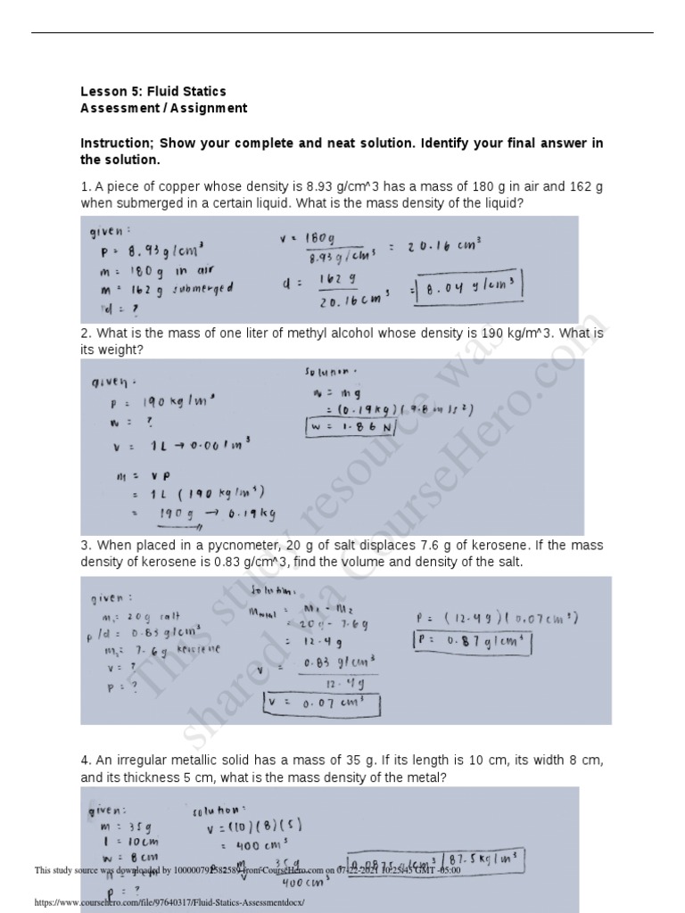 Fluid Statics Assessment Pdf Density Chemical Engineering