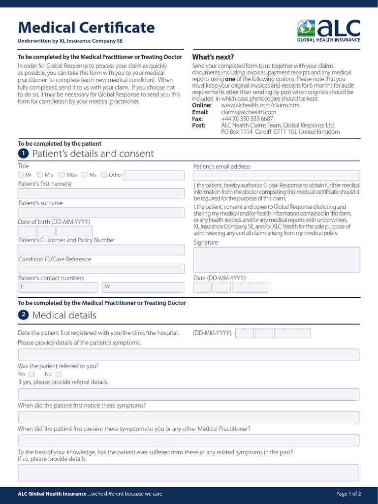 Medical Certificate XL Insurance Company SE ALC6250A 131219 | PDF ...