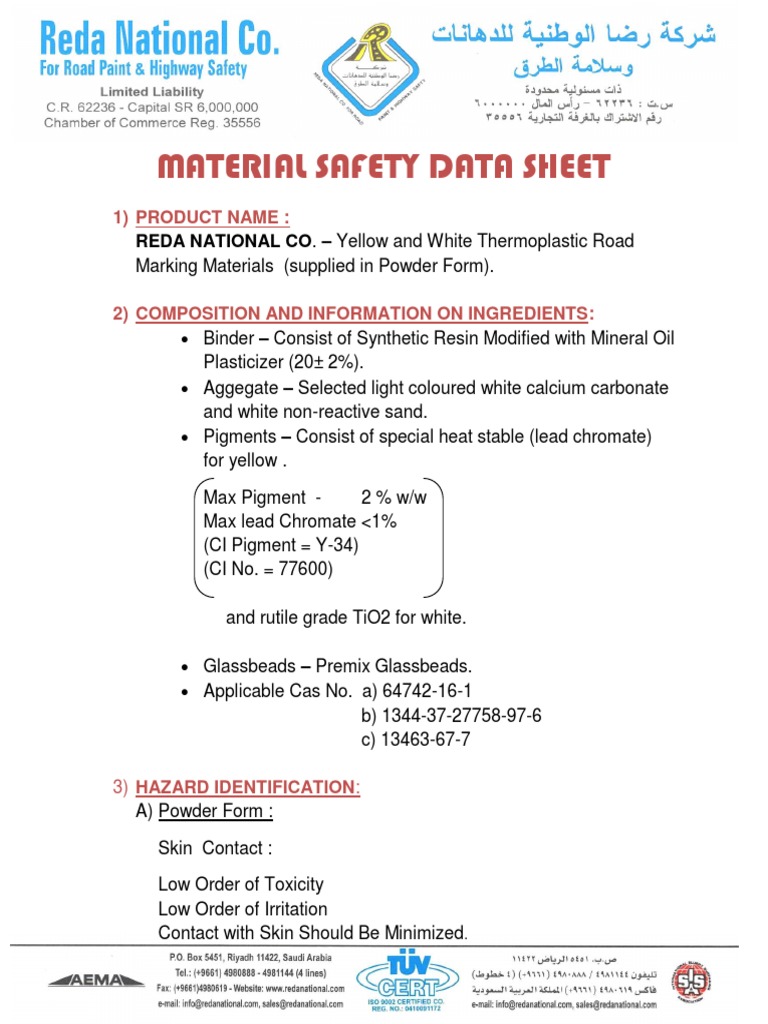 MATERIAL SAFETY DATA SHEET Thermoplastic Road Marking Materials PDF
