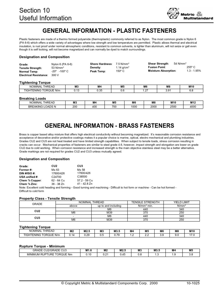 Section 10 Useful Information General Information Plastic Fasteners