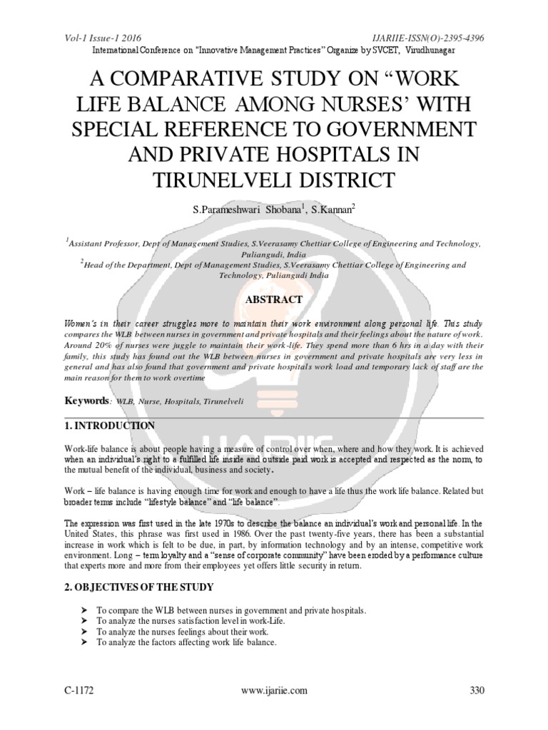 A Comparative Study On "Work Life Balance Among Nurses" With Special ...