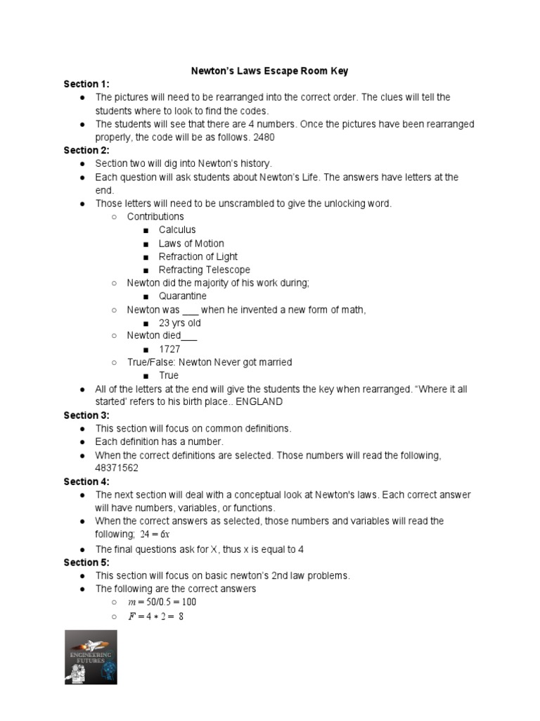 Newton's Laws Escape Room Key Section 1 PDF Isaac Newton Newton's