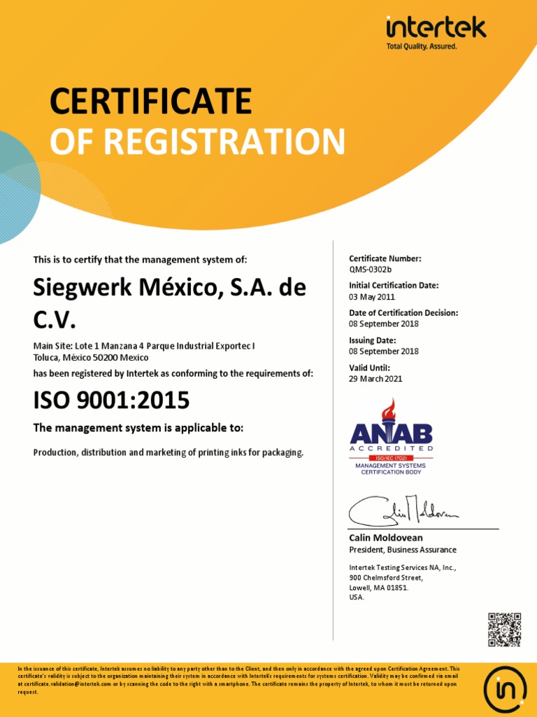 Certificado Iso 9001 Siegwerk Mexico Tinta | PDF | Certification
