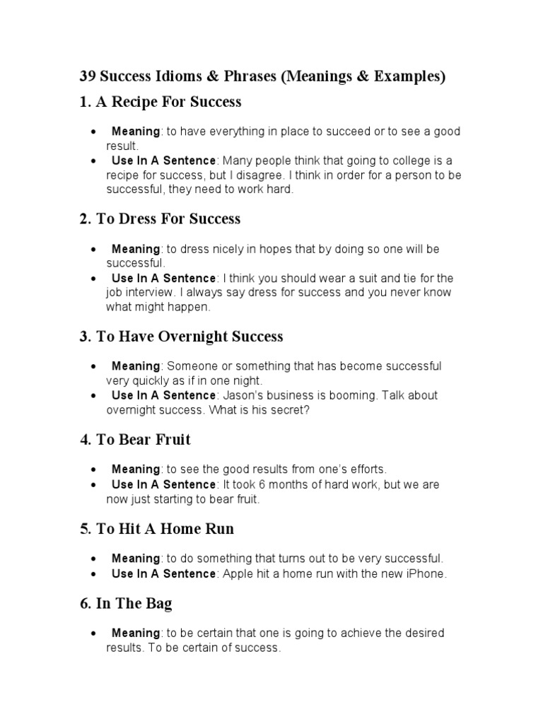 39 Success Idioms & Phrases (Meanings & Examples) 1. A Recipe For Success |  PDF