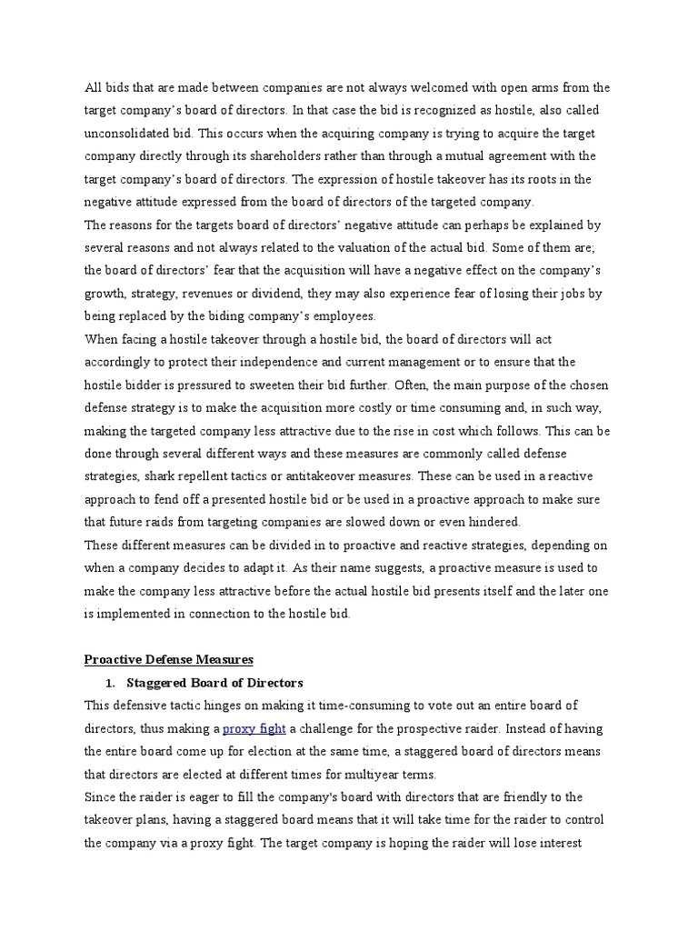 Proactive Defense Measures Staggered Board of Directors Proxy Fight
