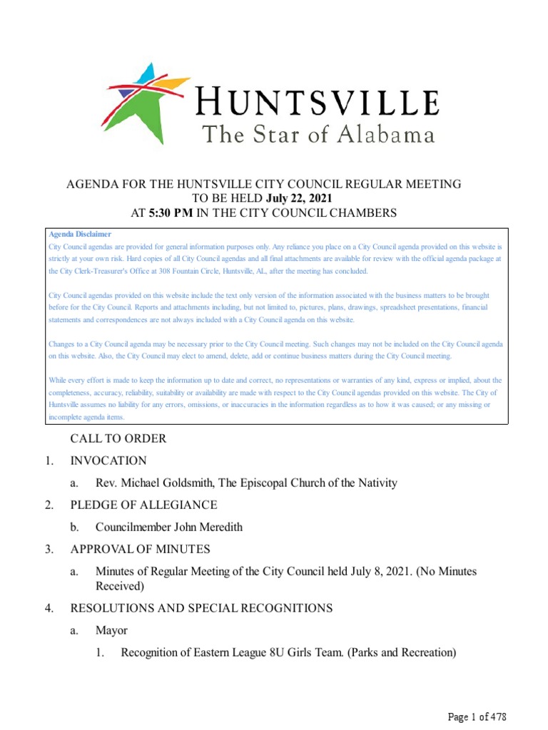 Huntsville City Council Meeting July 22 Agenda PDF Zoning Huntsville