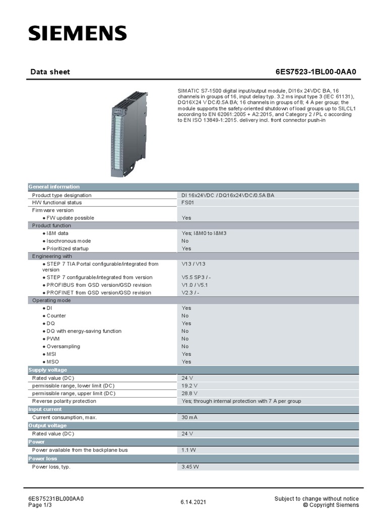 Data Sheet 6ES7523-1BL00-0AA0: General Information | PDF | Electronics ...